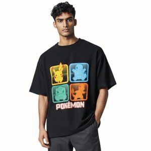 Pokémon Ninentendo Graphic Tee Pikachu Squirtle Bulbasaur Charmander Black 2XB